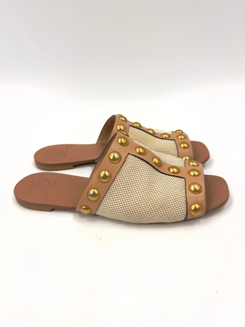 Tory Burch Blythe Slide Sandals Size 6 Neutral Tan Leather Gold Studded Beachy